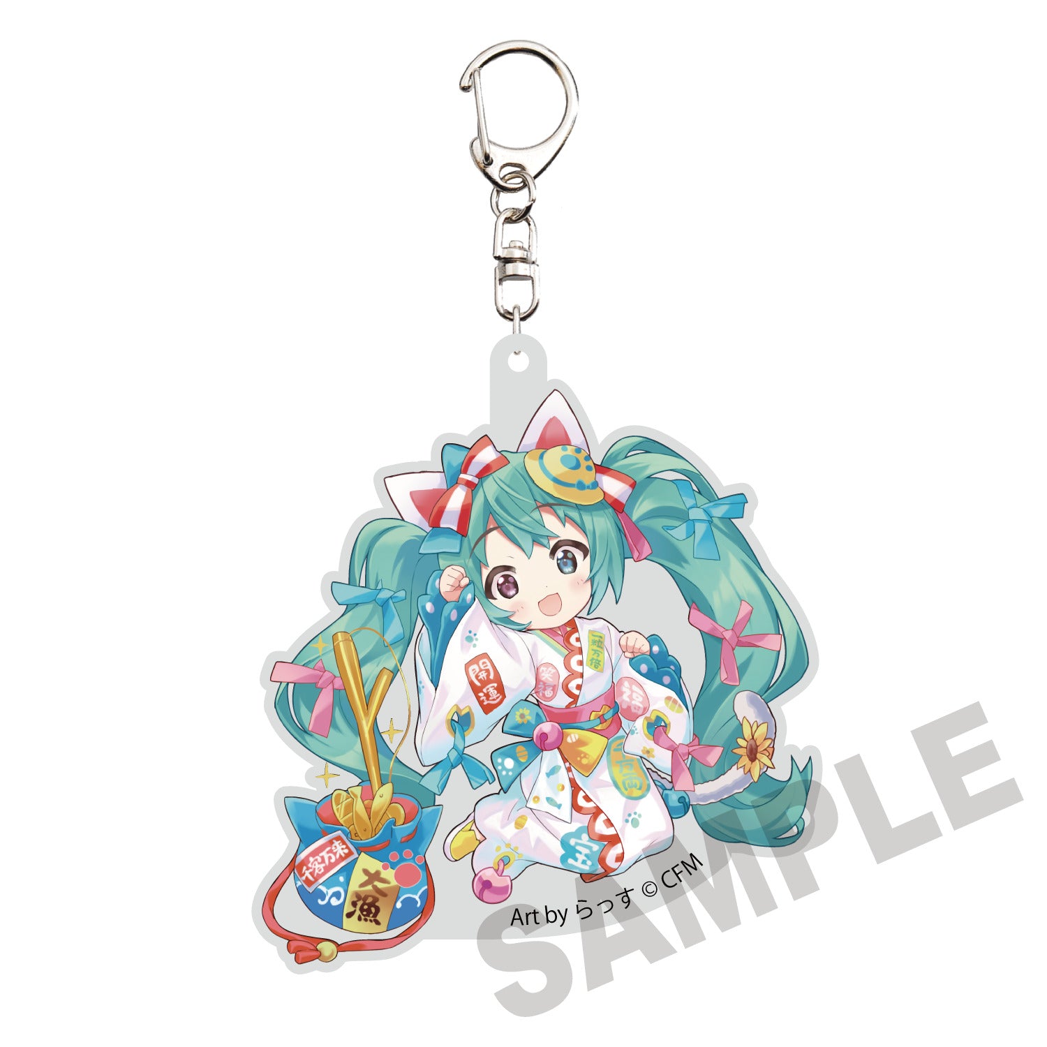 (Goods - Key Chain) Hatsune Miku x Lucky Cat Die-cut Acrylic Keychain Hatsune Miku White Cat Art by Rassu