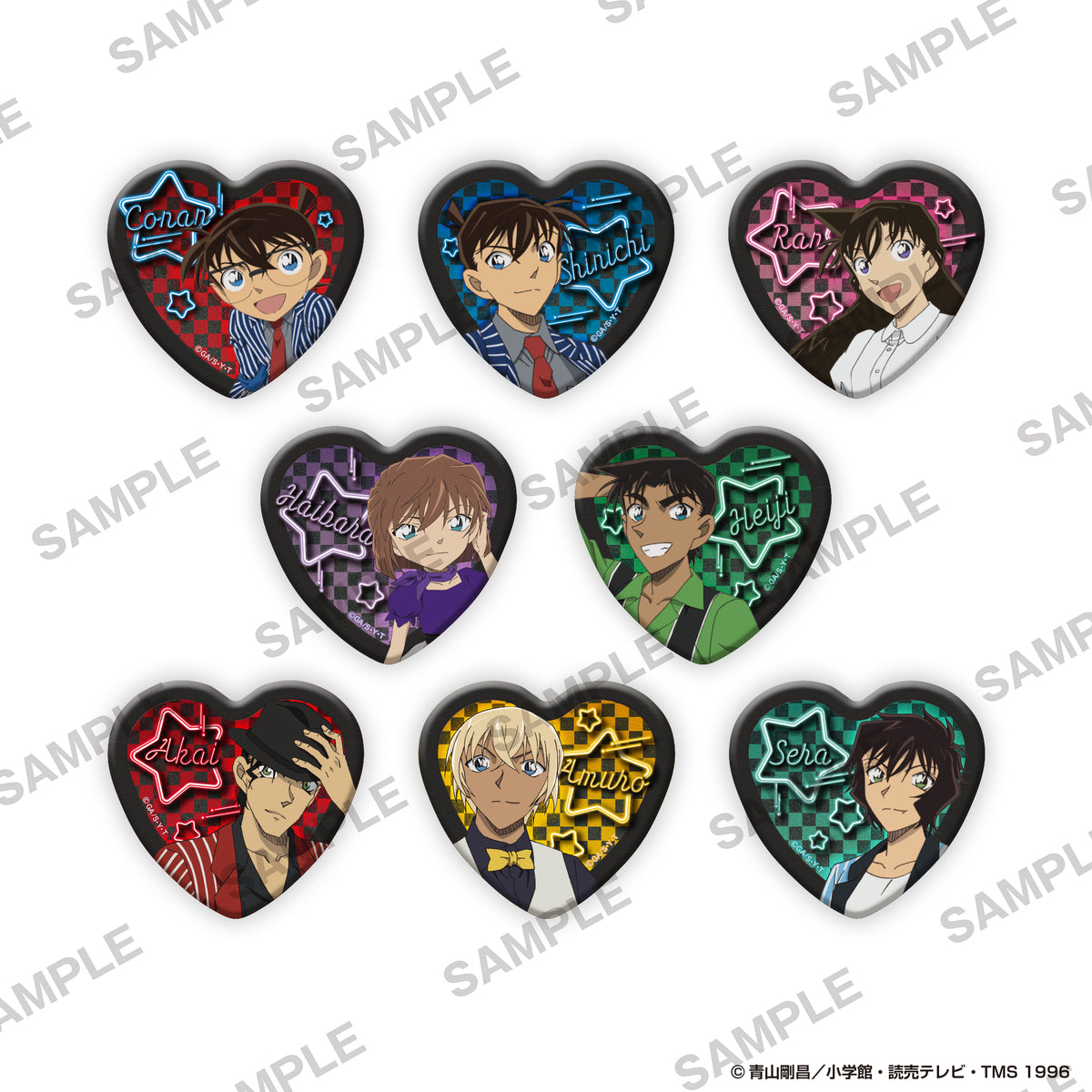 (1BOX=8)(Goods - Badge)  Detective Conan Heart-Shaped Tin Badge - American Oldies Ver. PACK