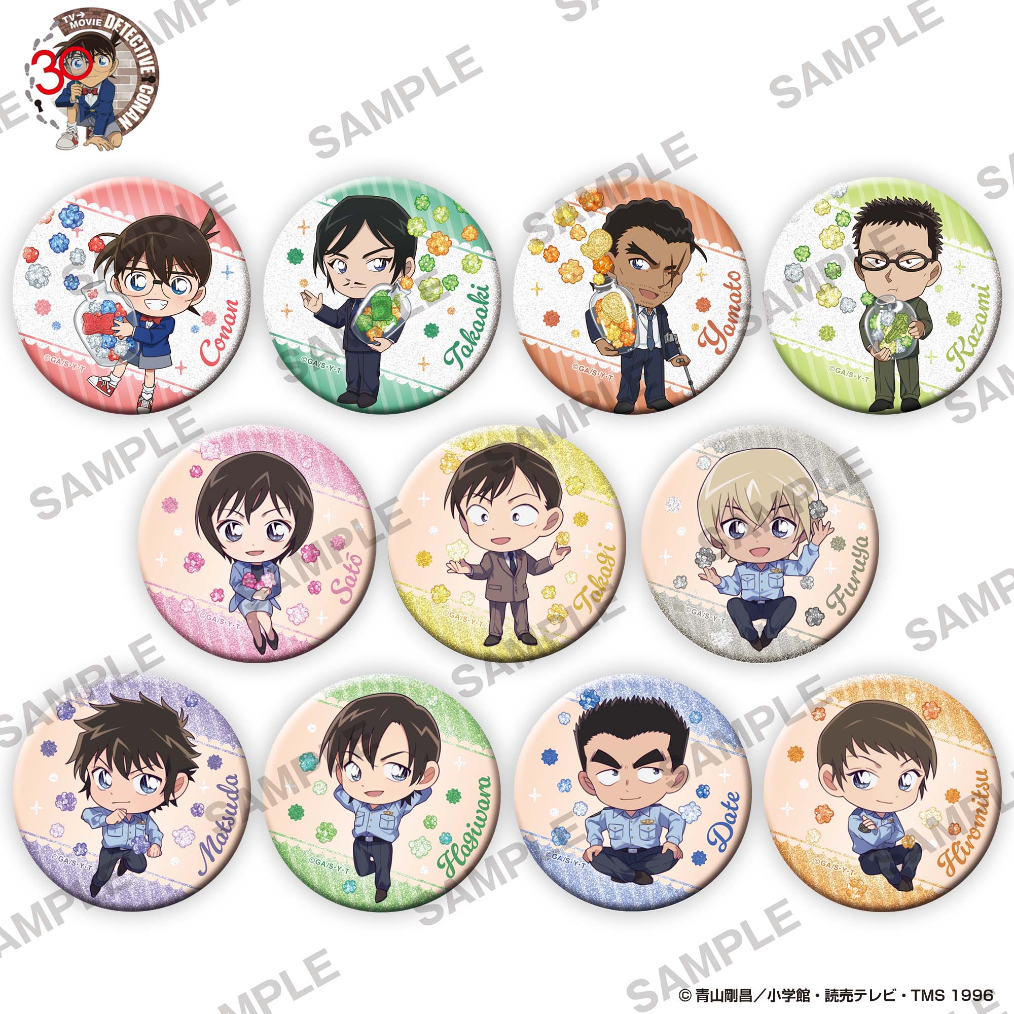 (1BOX=11)(Goods - Badge) Detective Conan Sparkling Tin Badge Collection Anniversary Konpeito (sugar candy) Ver. PACK